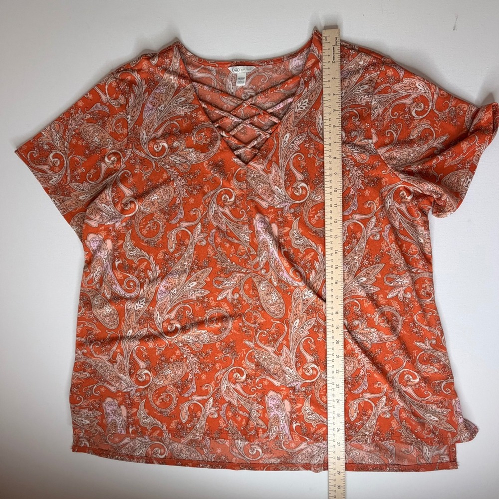 Cato Paisley Lace Up Top Size 18/20W Orange Boho Stretch Comfy Artsy Lightweight - Picture 8 of 9